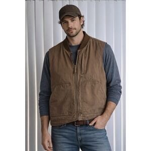 Lakin McKey Workwear Vest Mens XL Brown Canvas Sherpa‎ Lined Distressed Utility